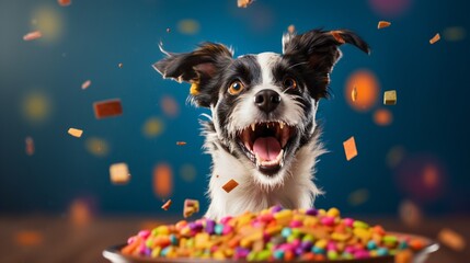 a front view of dog eating Quinoa in a bowl on a bright colored background_.jpg