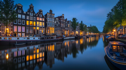 Fototapeta na wymiar Amsterdam after dark: illuminated canal houses and their mirrored reflections