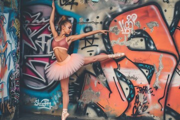 ballet dancer en pointe at a graffiticovered wall