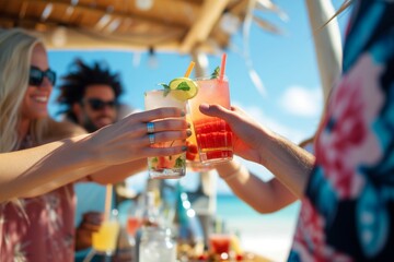 friends toasting with drinks at a sunny seaside shack - obrazy, fototapety, plakaty