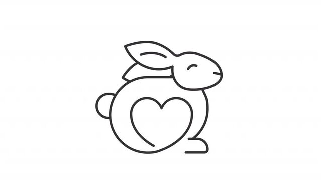 Animated cruelty free sign icon. Rabbit and heart line animation. Vegan product. No animal testing. Black illustration on white background. HD video with alpha channel. Motion graphic