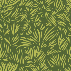 Organic grass shape on dark green background. Hand drawn seamless pattern.