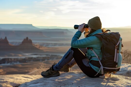 hiker sitting on rock using binoculars to view distant landscape
