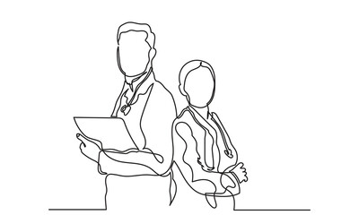 continuous line drawing of a young couple of male and female doctors standing together.single line couple doctor.Concept of medical hospital and health care service vector illustration.
