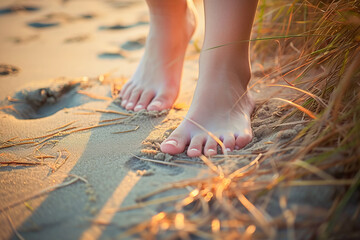 feet of traveler walking on the sand