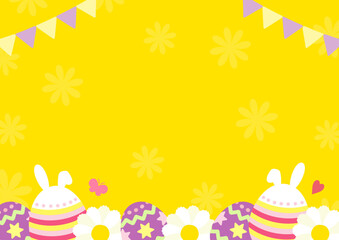 春の行事、イースターのベクターイラスト。イースターエッグとイースターバニー、中央にコピースペースがあるチラシやカードのデザイン、背景イエロー