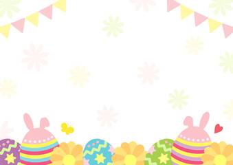 春の行事、イースターのベクターイラスト。イースターエッグとイースターバニー、中央にコピースペースがあるチラシやカードのデザイン、白背景