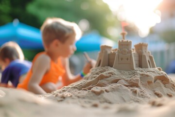 kids building a sandcastle in the sandbox - obrazy, fototapety, plakaty