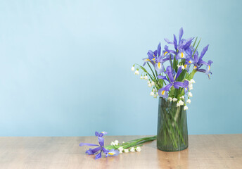 spring flowers in glass vase on blue background