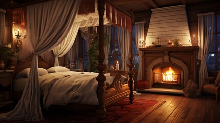A cozy bedroom with a canopy bed, flowing curtains, and a warm, traditional fireplace - obrazy, fototapety, plakaty