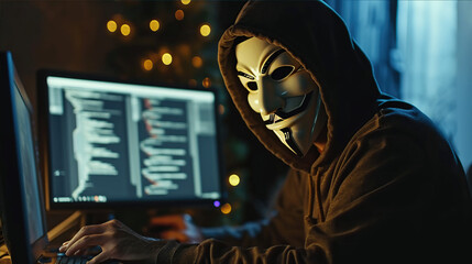 a man in a hooded jacket and mask is sitting at a computer. Is he a fraudster or a hacker