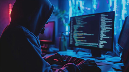 .A male hacker in a hooded jacket is sitting at a computer
