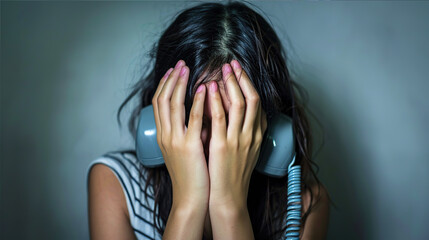 A young woman is crying with a phone receiver. A scammer is calling her - obrazy, fototapety, plakaty