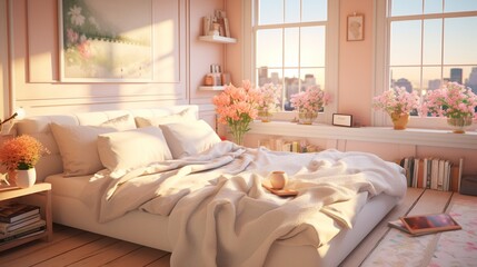 Fototapeta na wymiar A cozy bedroom with soft, pastel-colored walls, a neatly made bed, and gentle sunlight streaming through the window