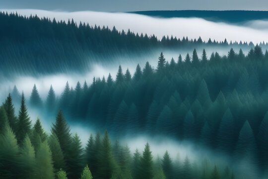 Misty pine forest at sunrise, Aerial view of foggy mountain landscape