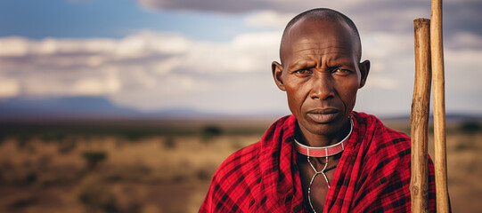 Solemn Masai man with staff in the African savanna