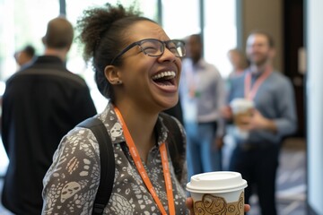 conference attendee laughing with coffee, others networking behind
