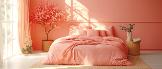 Peach fuzz Orange A cozy bedroom with luxurious furnishings and soft bedding for a comfortable and restful sleep