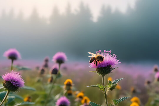 Bee pollinating a thistle flower in a field of wildflowers with a soft focus background