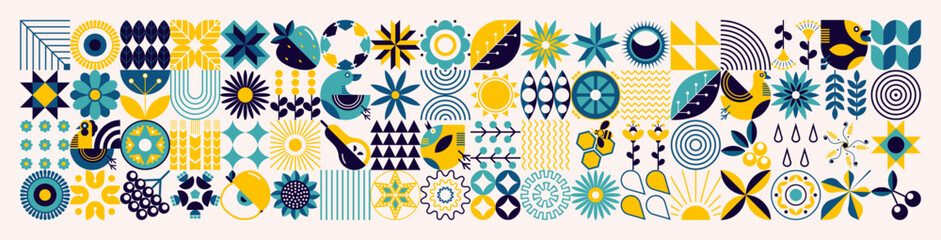 Fototapeta na wymiar A long set of 72 icons related to spring abstract geometric conceptual patterns. Plants of a simple shape in the old style of Ukrainian embroidery. Scandinavian style. Mosaic style. White background