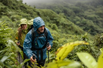 Fototapeta na wymiar man and woman in rain gear trekking through drizzle, lush green terrain