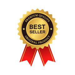 Best seller sticker label set with medal gold and red ribbon