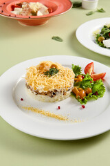 Close-Up of Layered Forest Glade Salad with Cheese, Potatoes, and Mushrooms