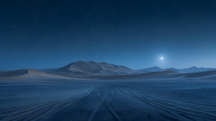 Fototapeta na wymiar A quiet desert, with rolling sand dunes as the background, during a tranquil moonlit night