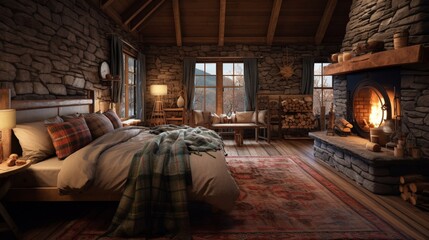 A cozy cabin bedroom, with a log bed, a stone fireplace, and warm, plaid blankets