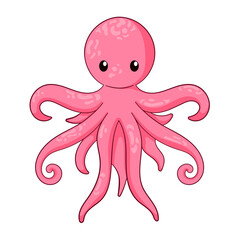 Pink octopus cartoon character in flat, line art style. Aquatic undersea animal. Underwater animal design for zoo, children book. Vector illustration isolated on a white background.
