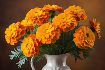 Obraz na płótnie Canvas Vibrant Orange Marigold Flowers in a Ceramic Vase on a Solid Brown Background
