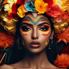 Obraz premium Portrait of a beautiful majestic women in flower head for cultural celebration 