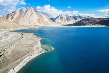 High mountain lake Pangong Tso, aerial view, Himalaya nature, Ladakh, India