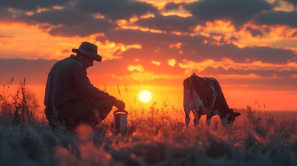 Fototapeta premium a farmer getting milk from a cow in the morning. farm environment, farm animals and dairy industry