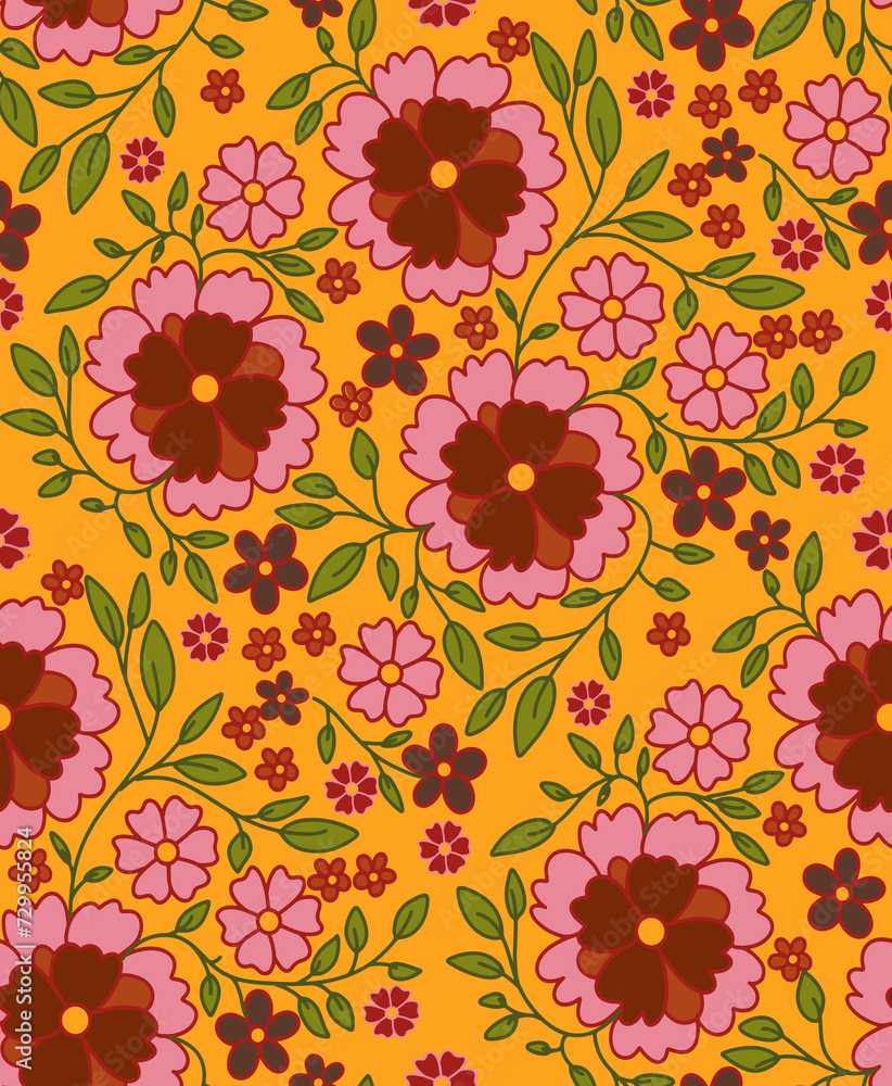 Poster seamless repeat pattern print background with whimsical flowers