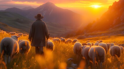 a mountain herdsman taking sheep to the farm at sunset, farm environment, nature and farm animals