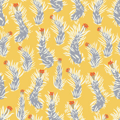 Moss drawing on yellow background. Hand drawn cartoon style seamless pattern.