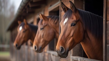 Obraz premium strong horses in a stable on a farm. farm environment, nature and farm animals