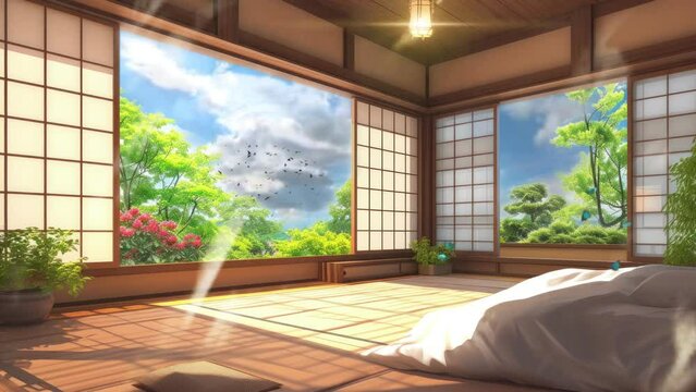 bedroom Japanese house interior in spring with cherry blossoms and mountain. Cartoon or anime watercolor digital painting illustration style. seamless looping 4k video animation background.