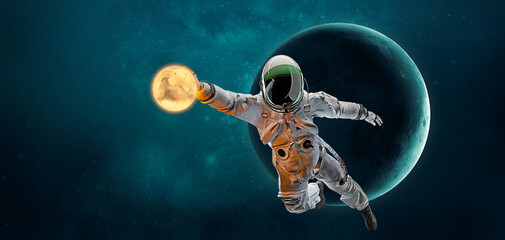 American football, rugby player astronaut in space action and Moon, Mars, Earth planets on the background of the space. 3d render © Yevheniia