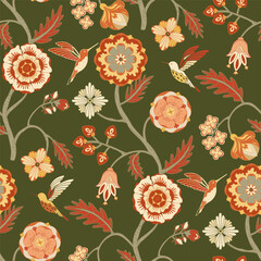 Carmine red and green floral pattern. Historical Indian floral style