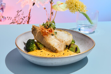 Halibut steak with pumpkin puree and broccoli, ideal for a vibrant summer menu in a high-end eatery