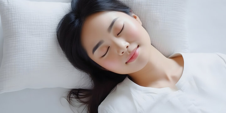 睡眠の画像。日本人女性がベッドで気持ちよさそうにすやすや眠っている
