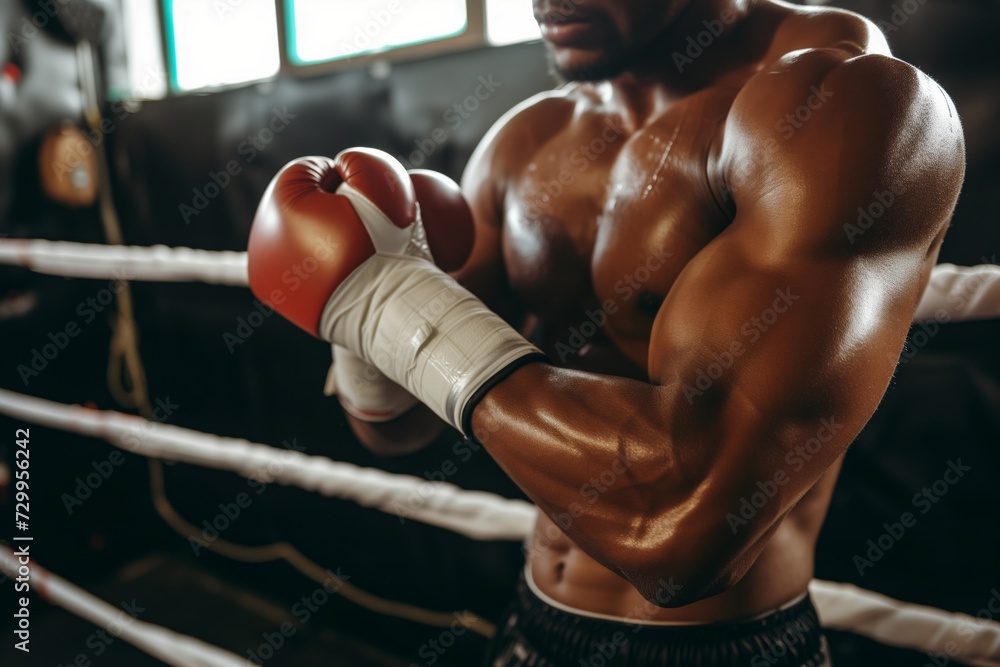 Wall mural boxer wrapping hands before training session