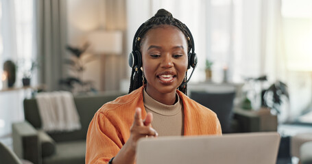 Black woman, headset with laptop and phone call, virtual assistant or crm in home office. Remote work girl at desk with computer, typing and conversation for advice, online chat and help in apartment - obrazy, fototapety, plakaty