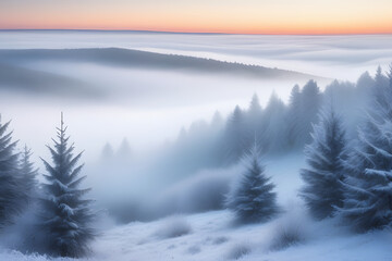 Snow-covered trees and distant mountain in winter landscape with heavy fog