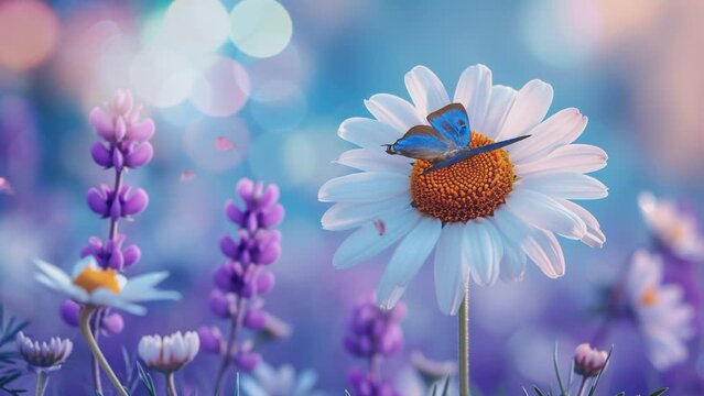 Beautiful wild chamomile flowers, purple wild peas. seamless looping time-lapse animation video background