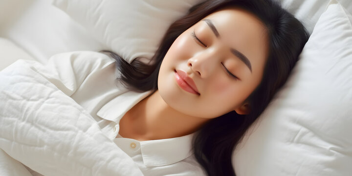 睡眠の画像。日本人女性がベッドで気持ちよさそうにすやすや眠っている