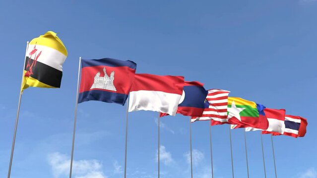 Looping video of ASEAN flag Waving on blue sky background, Loop Animation Asia nation flags
