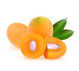 Closeup sweet Marian plum thai fruit isolated on white background (Mayongchid Maprang Marian Plum...